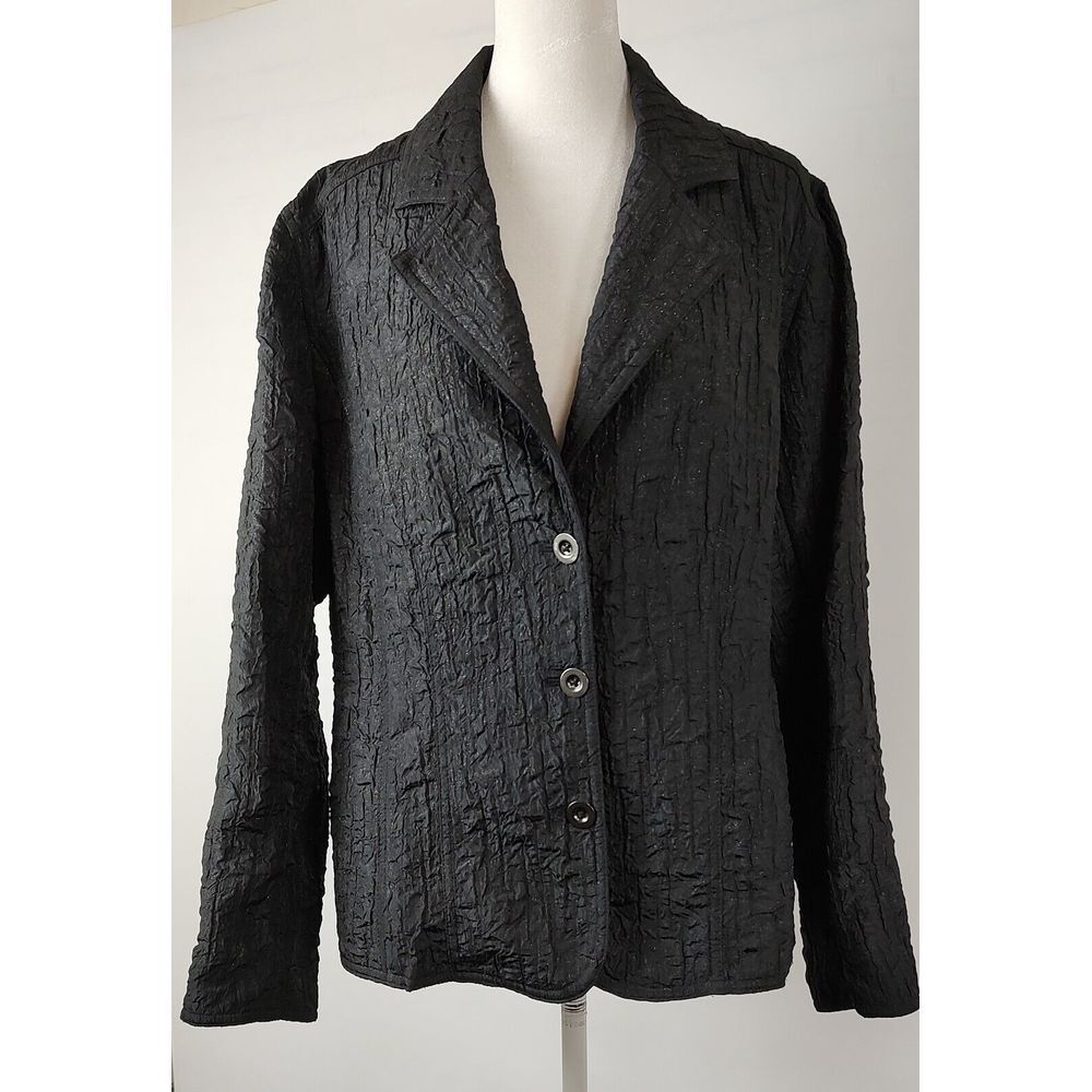 Black Crinkle Texture 3-Button Blazer Notched Lapel Professional Jacket Women